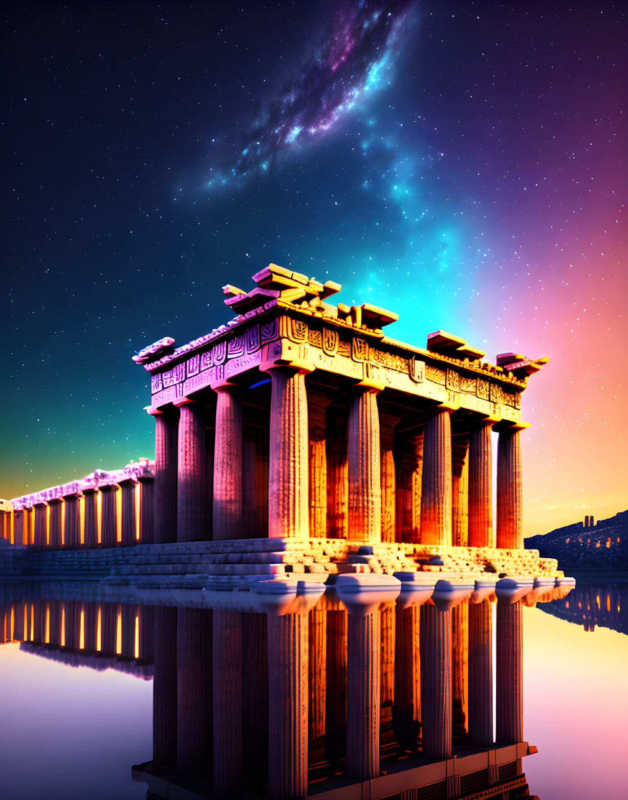 Ancient Greek temple under vibrant cosmic night sky