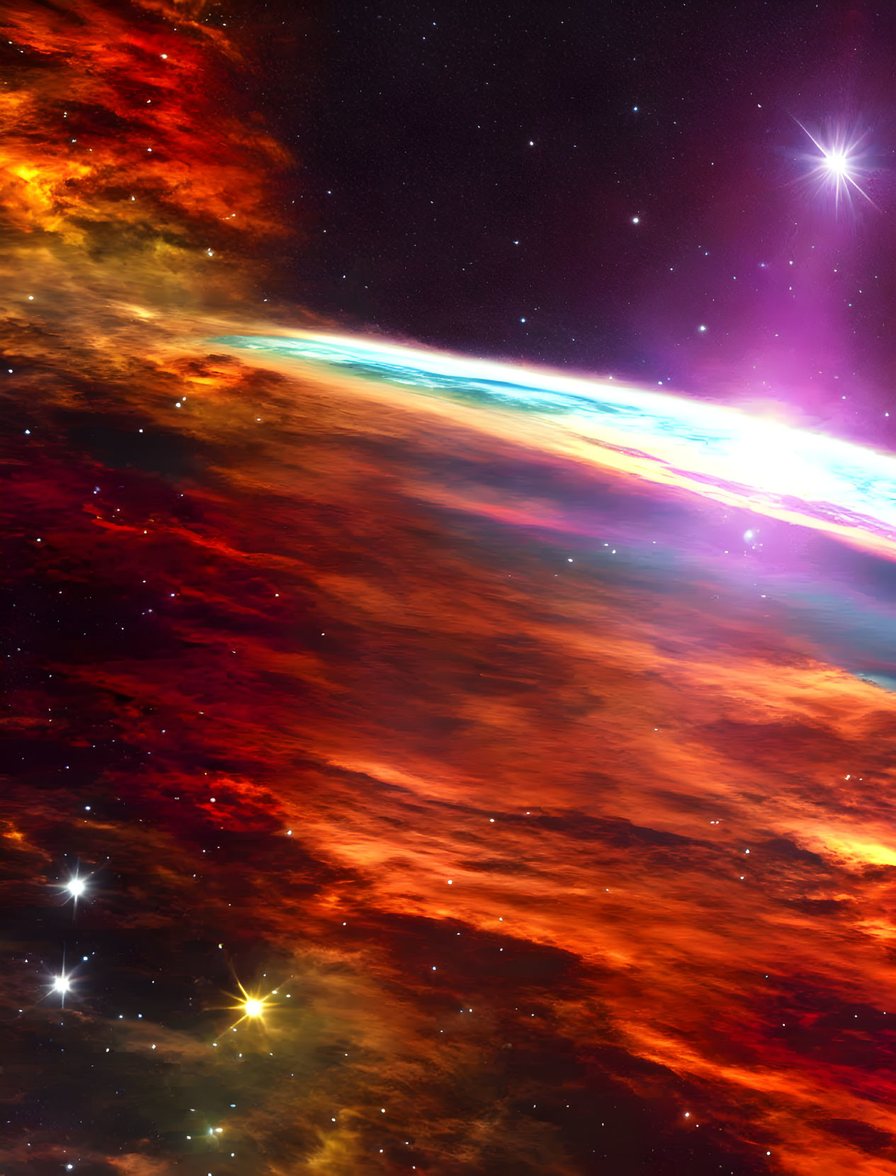 Fiery nebula and bright star in vibrant space scene