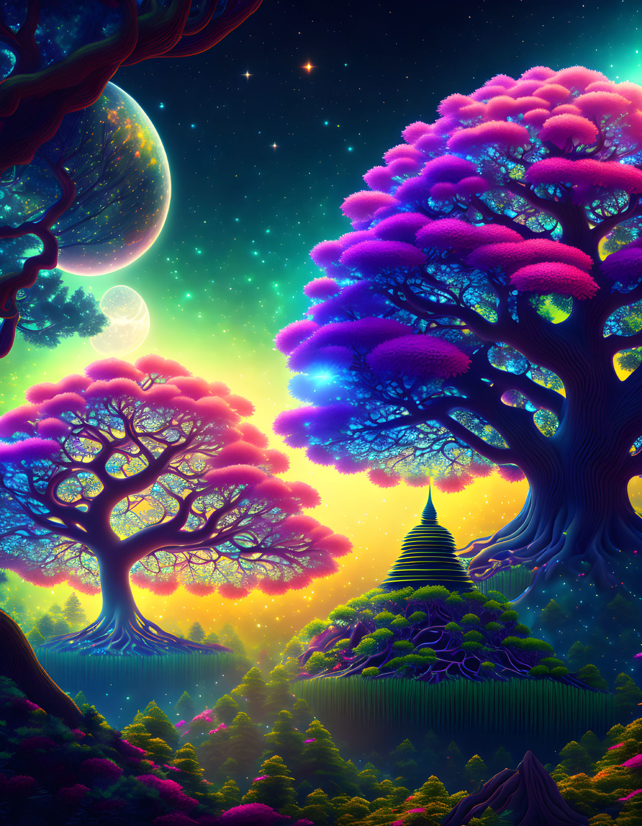 Fantasy landscape with luminous trees, mountain temple, and starlit sky