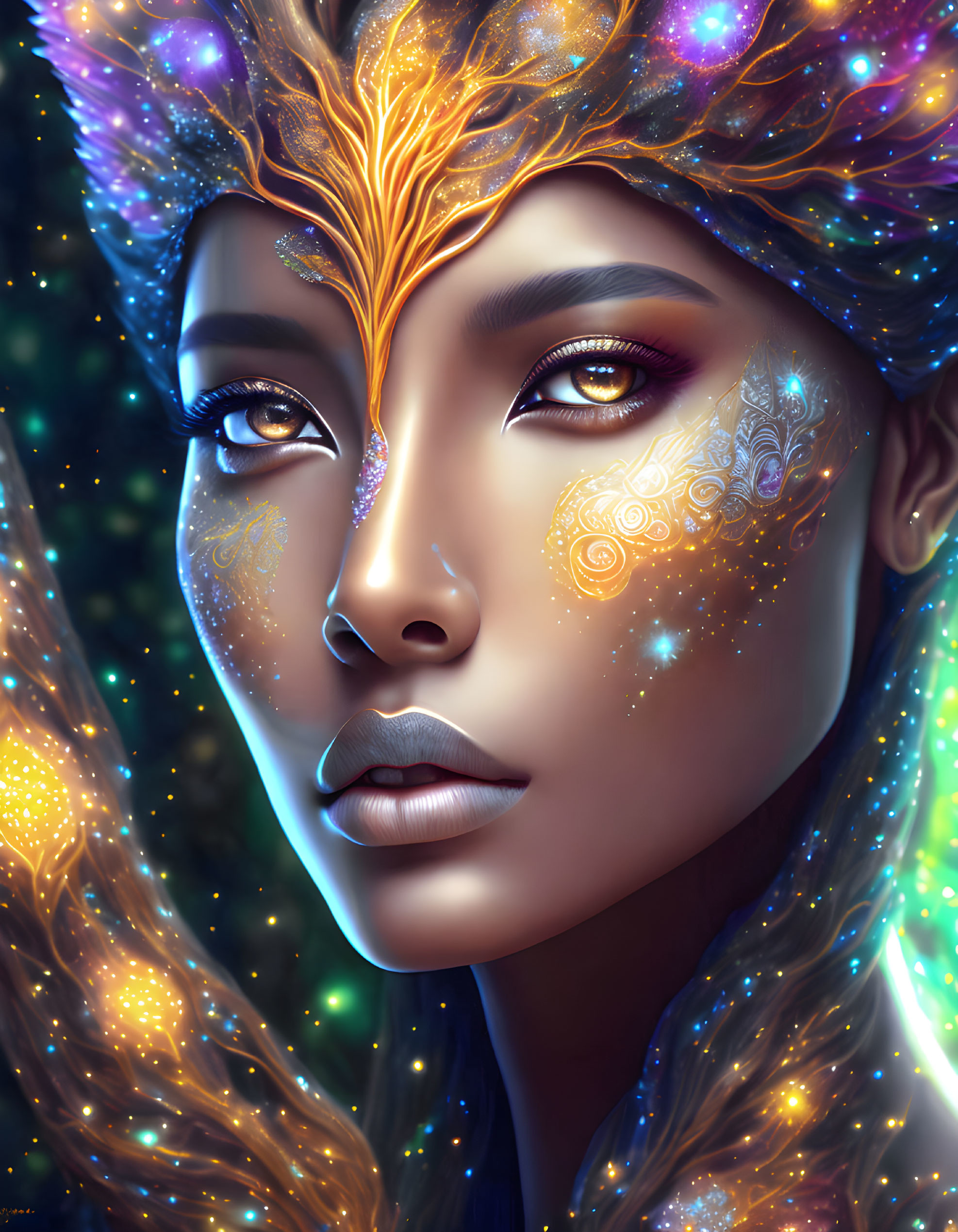 Celestial-themed woman with glowing makeup and star-infused hair