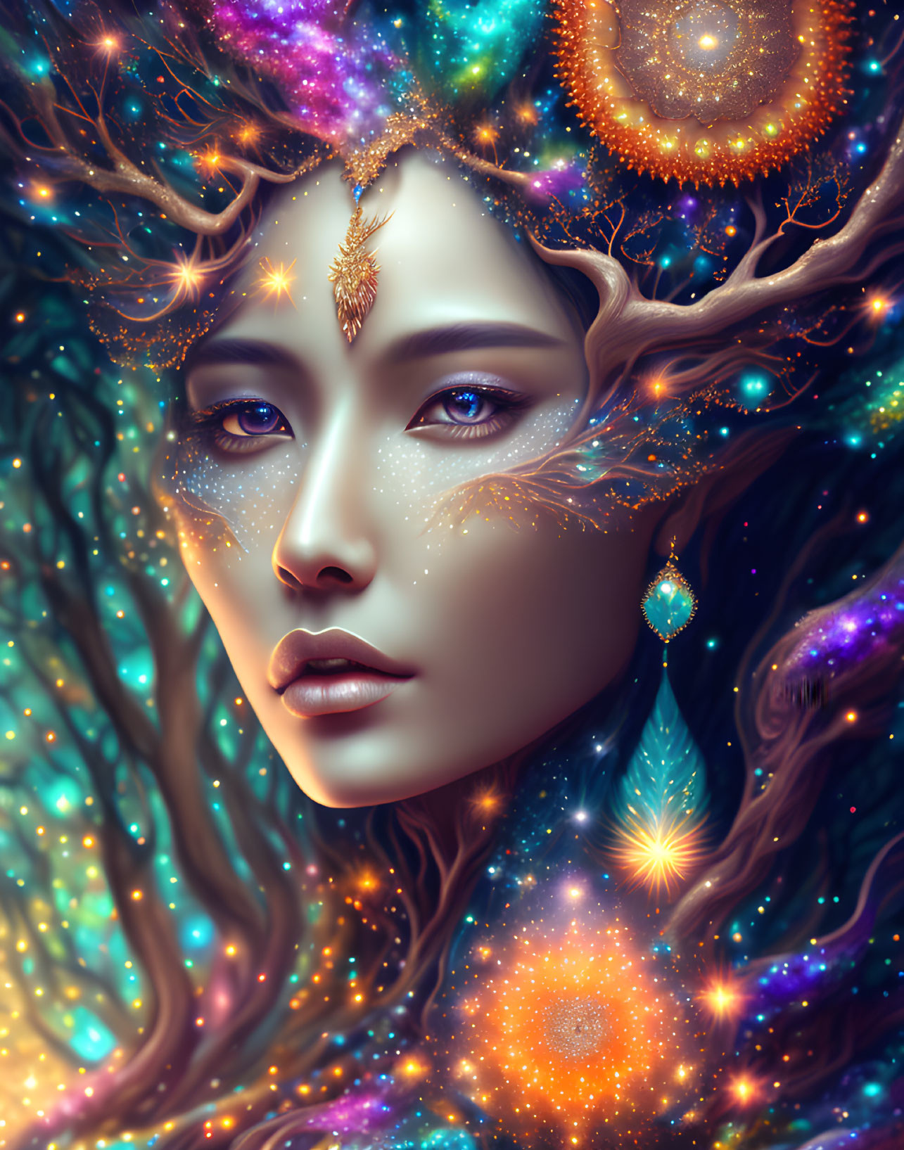 Portrait of a woman with cosmic and nature elements