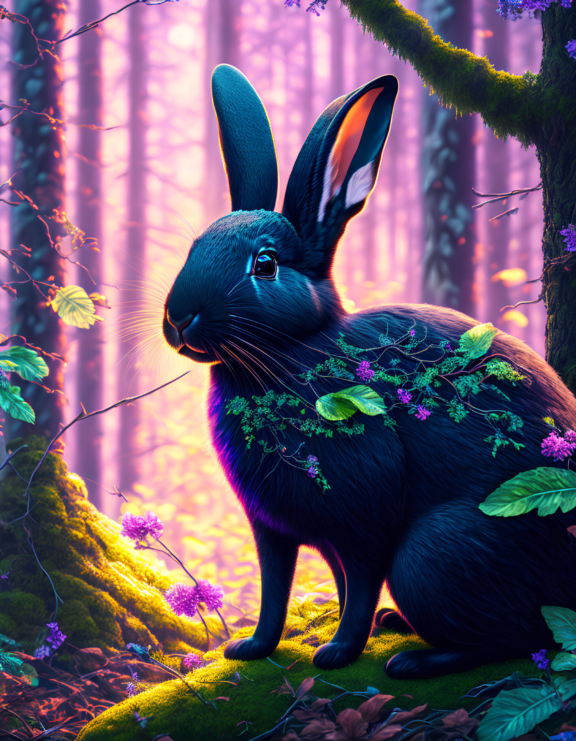 Black rabbit with plants in enchanted purple forest