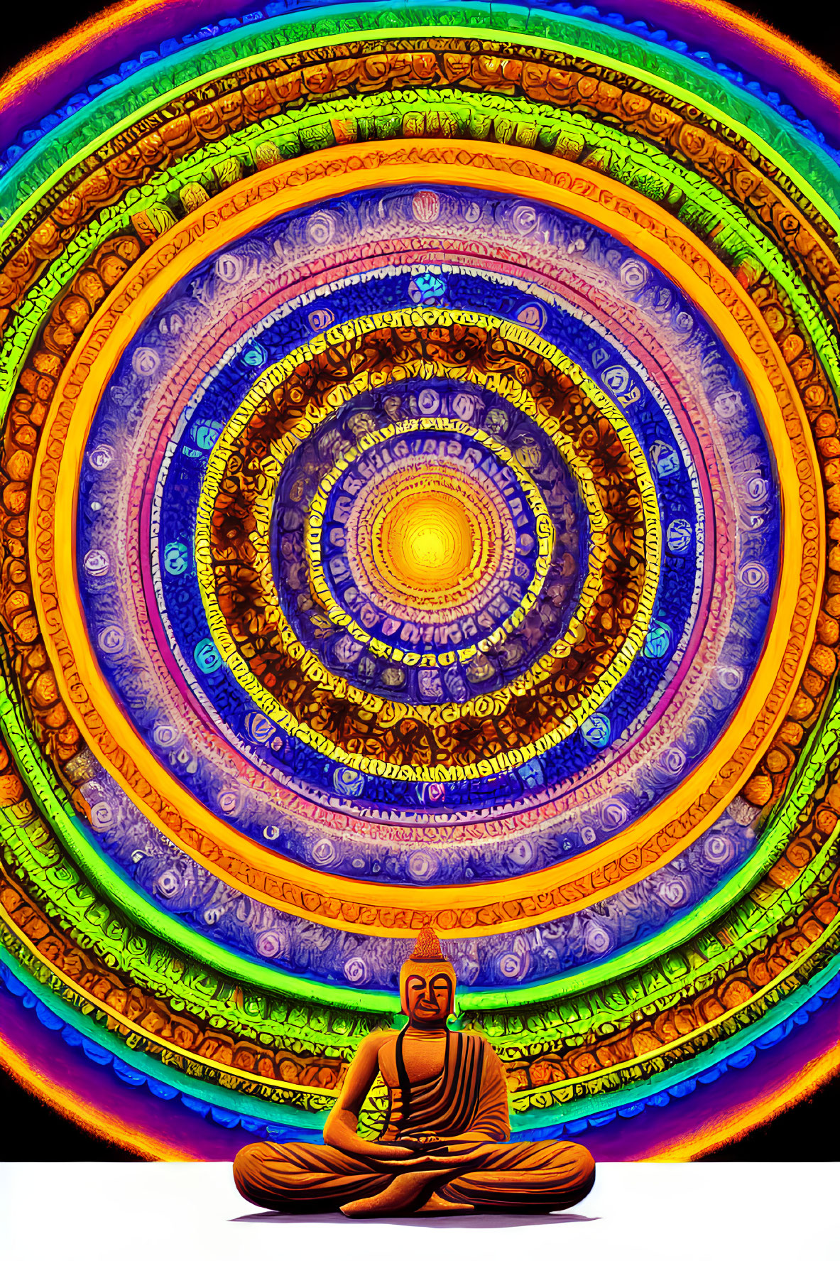 Meditating person surrounded by colorful concentric circles