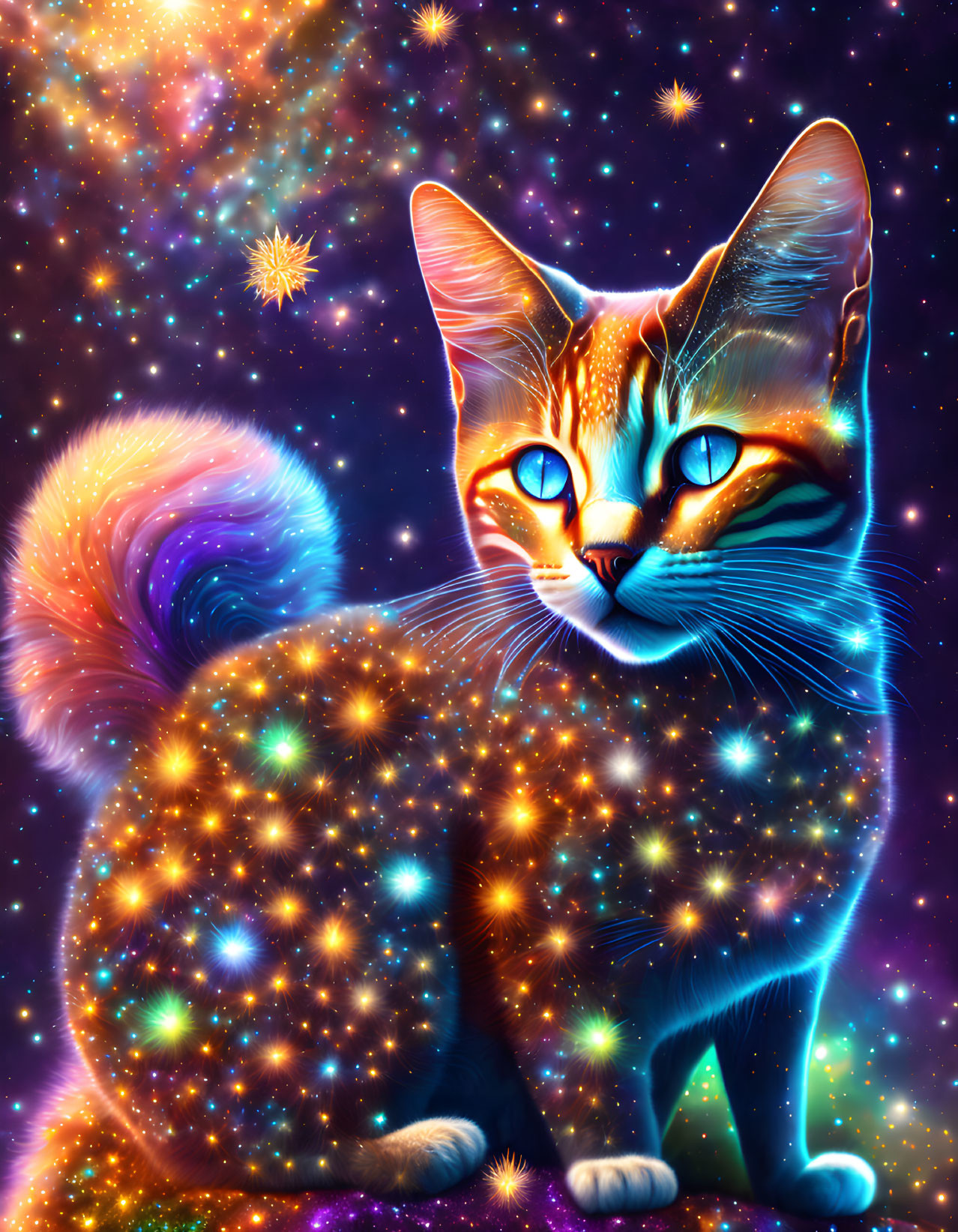 Cosmic-themed cat illustration with starry fur and glowing eyes