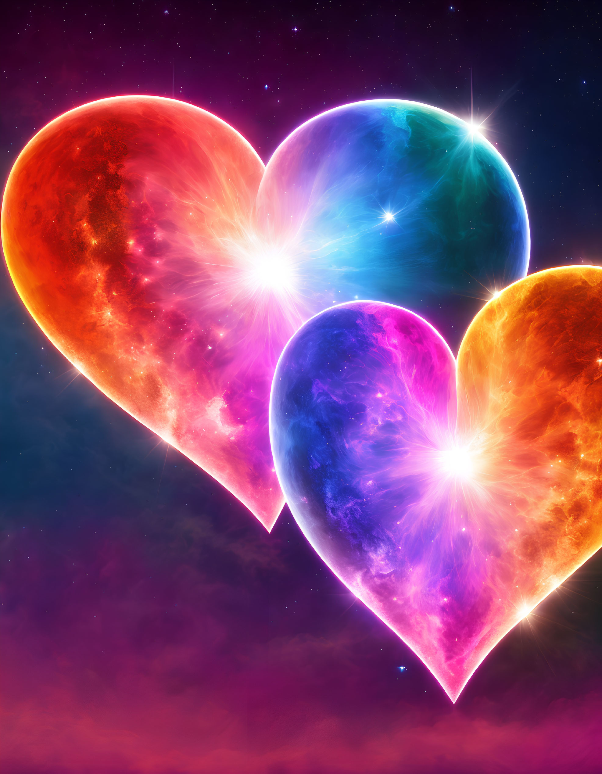 Neon-colored cosmic hearts in starry space