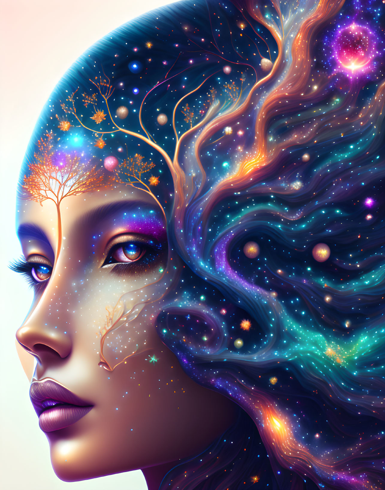 Digital artwork featuring woman with cosmic-themed hair and skin