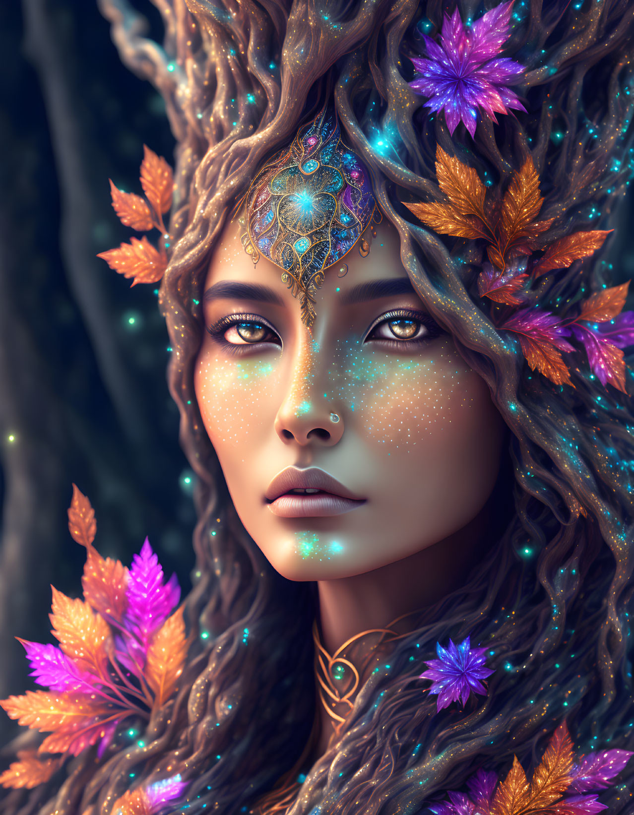 Fantastical portrait of a woman with sparkling skin and jeweled headpiece, surrounded by autumn leaves