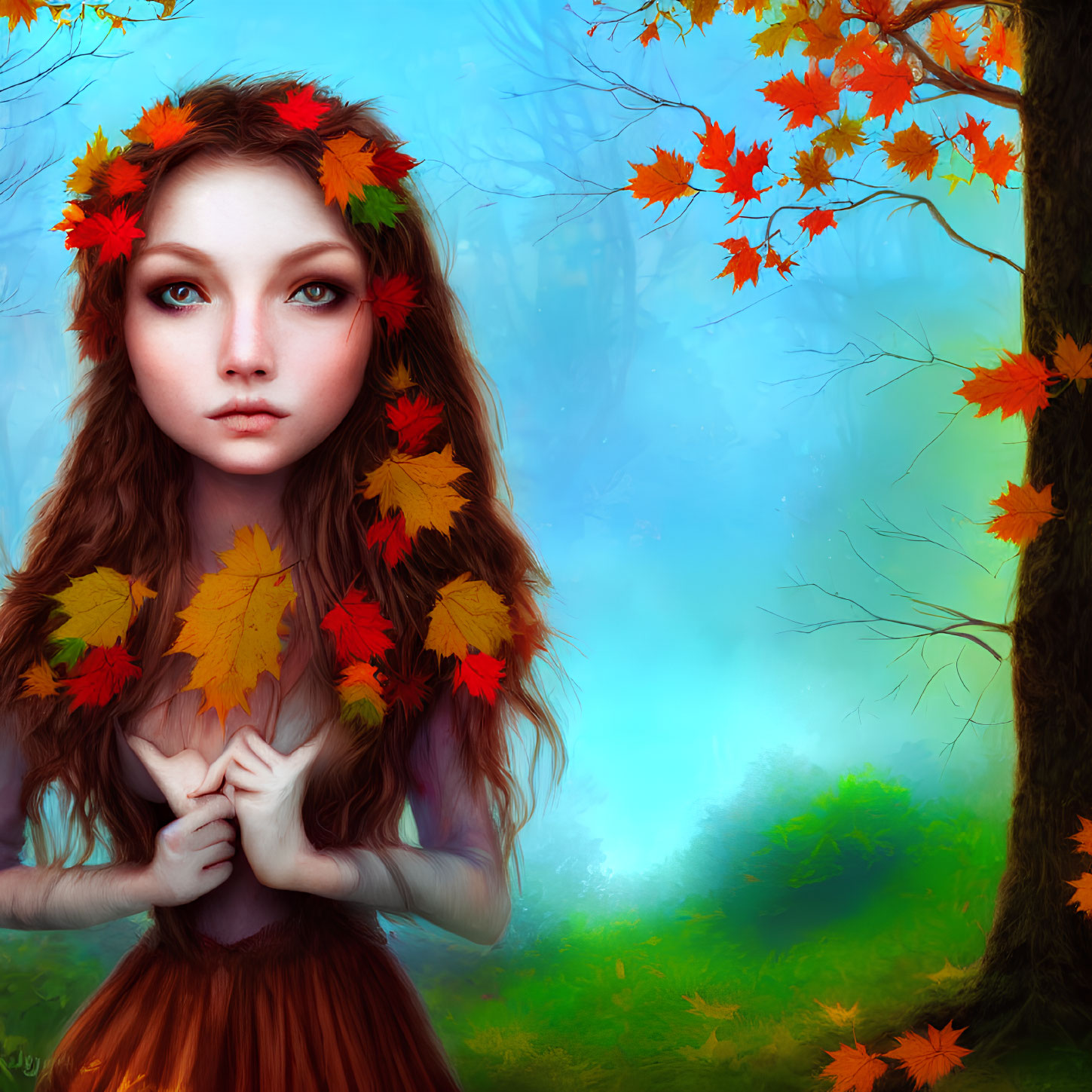 Digital Art: Young Woman with Autumn Leaves in Mystical Forest