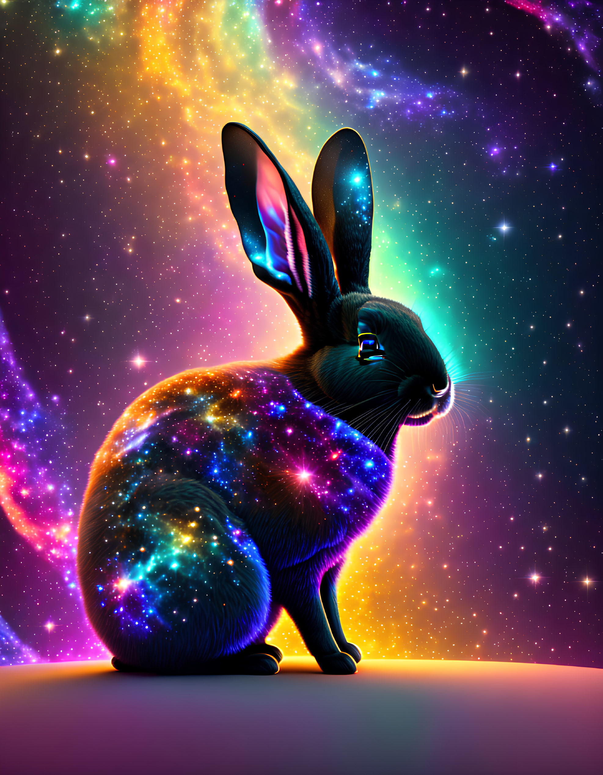 Cosmic-themed rabbit with galaxy body on vibrant space background