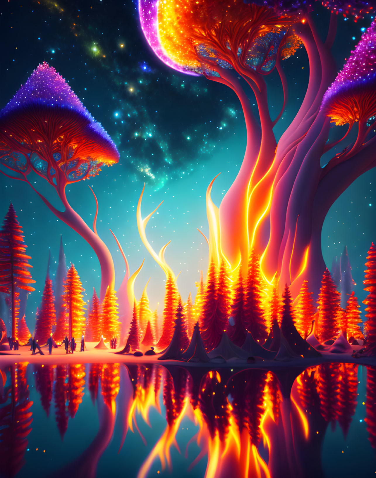 Fantastical landscape with fiery trees and starlit sky reflection.