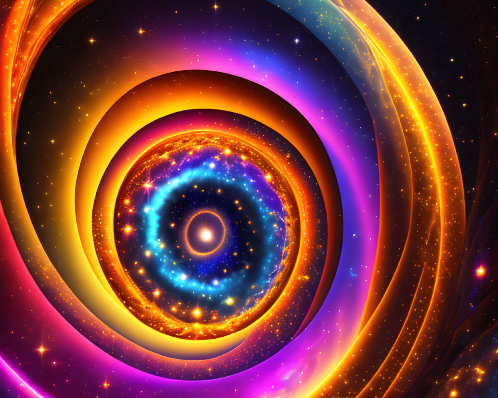 Colorful Spiral Galaxy Artwork with Warm Yellows, Oranges, and Cool Blues