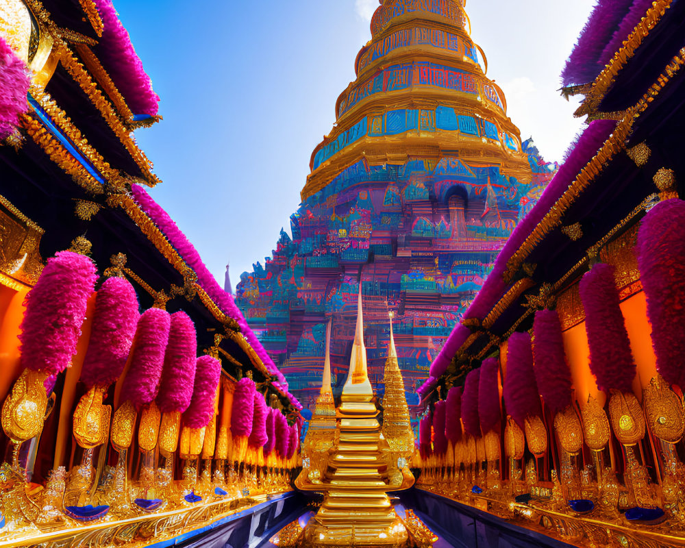 Golden Pagoda with Ornate Details Surrounded by Purple and Gold Decorations