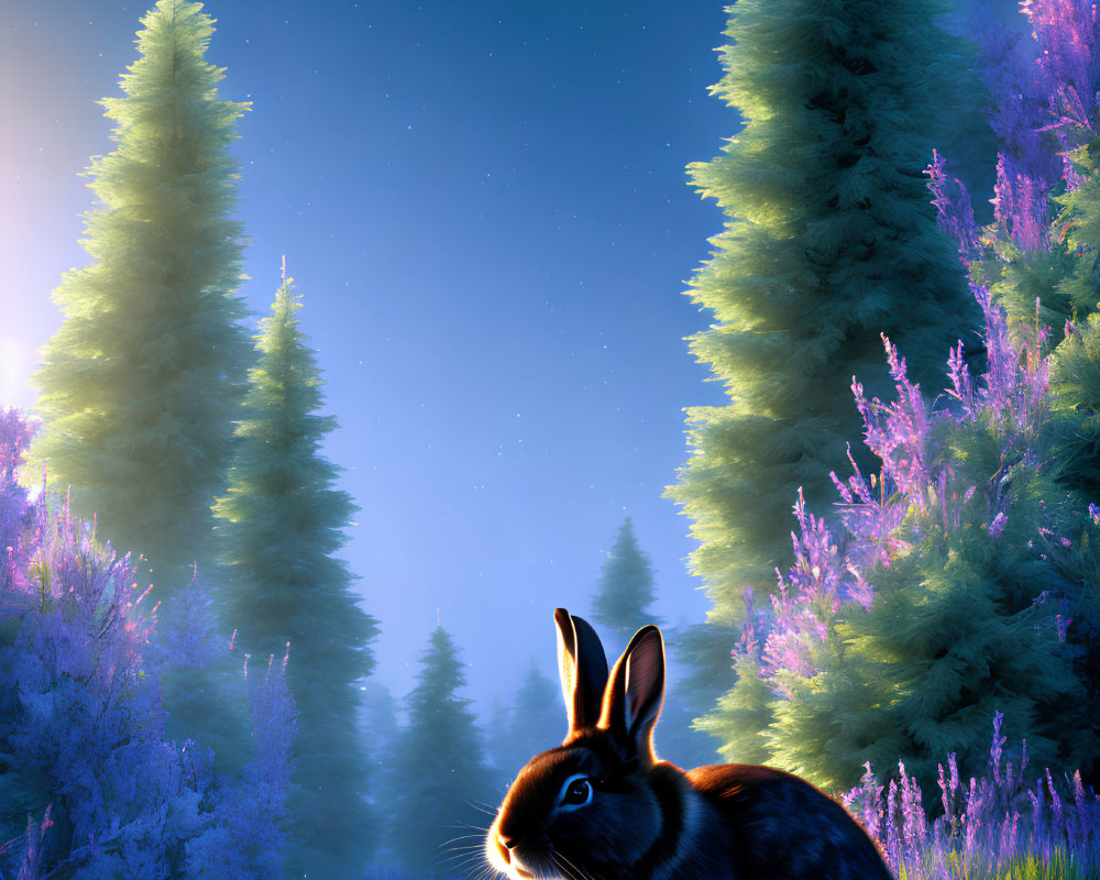 Moonlit Field with Rabbit Surrounded by Trees and Purple Flowers