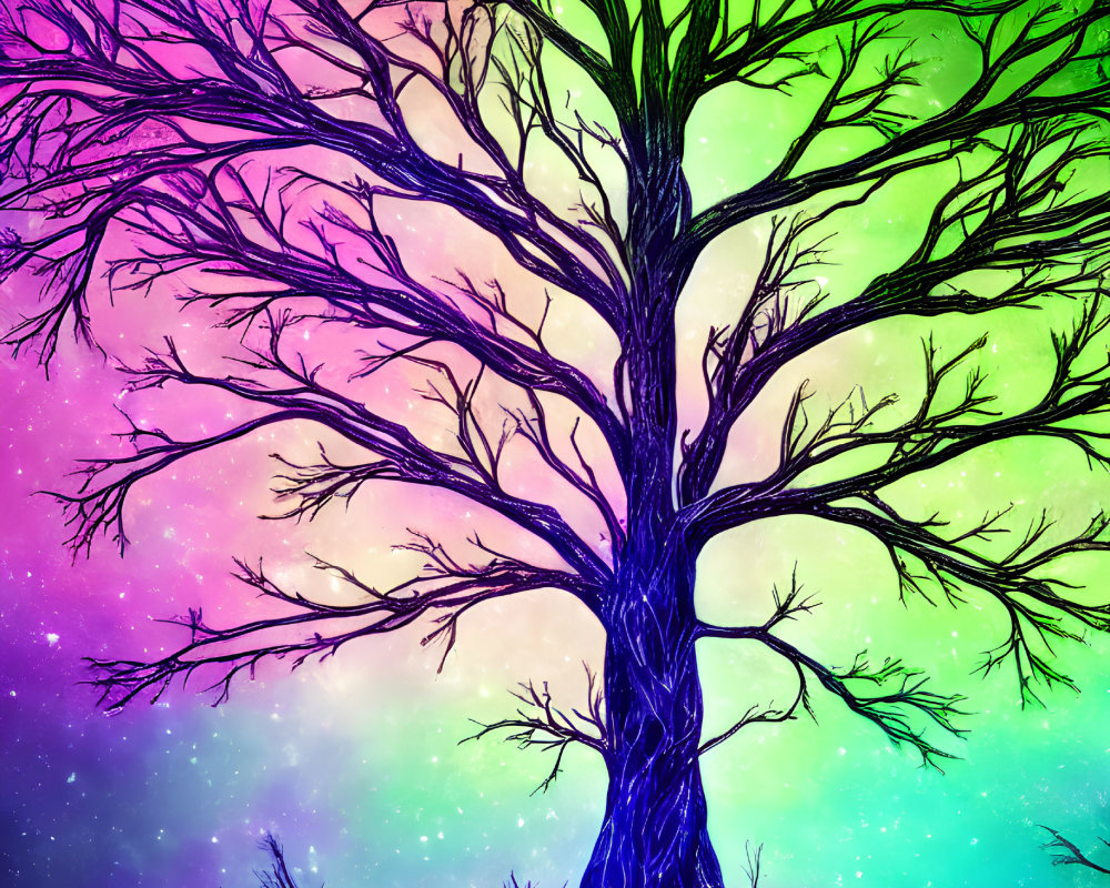 Detailed Tree Illustration on Colorful Cosmic Background