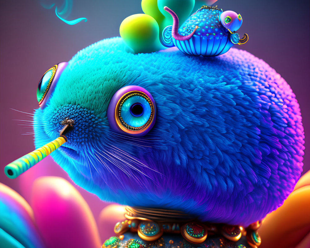 Vibrant blue fur creature with large eyes and whimsical adornments