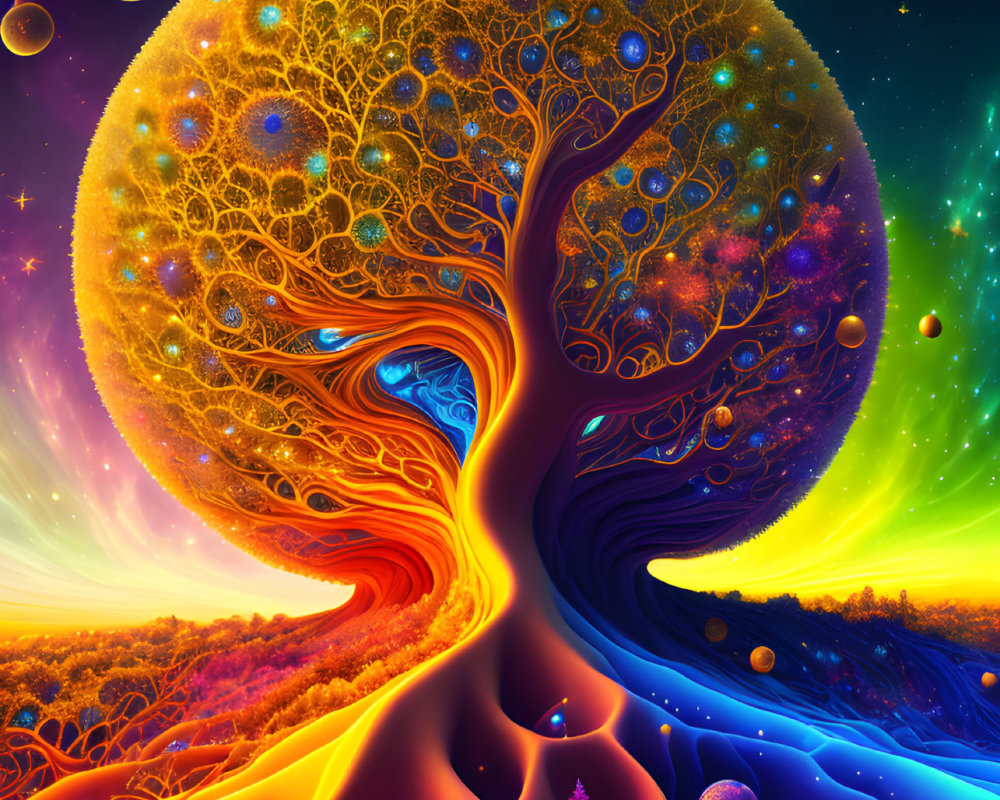 Colorful Psychedelic Tree with Swirling Trunk and Cosmic Planets