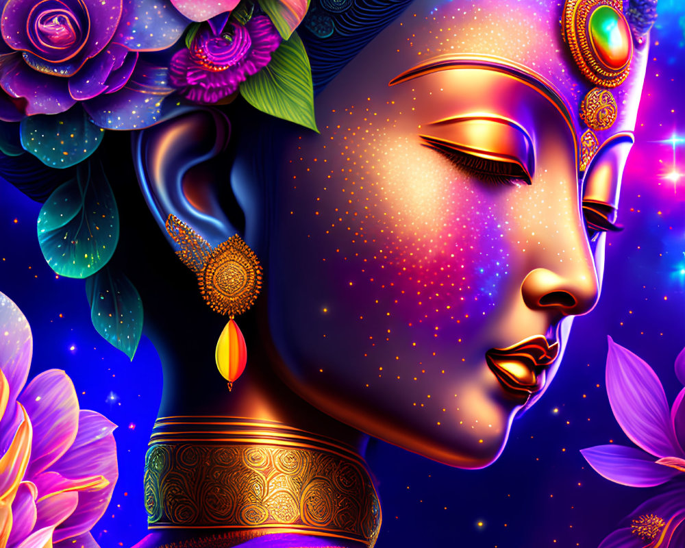 Colorful Cosmic Face with Lotus Flowers and Jewelry on Starry Background