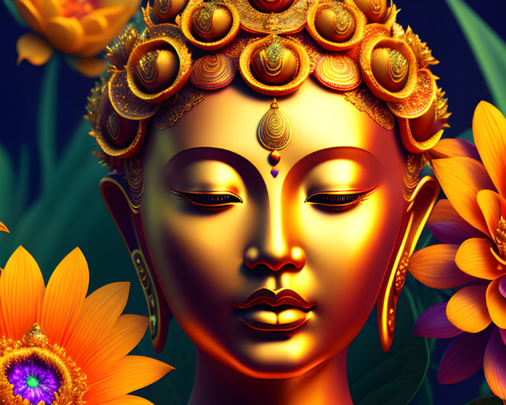 Golden serene face with decorative headgear amidst vibrant flowers on dark background