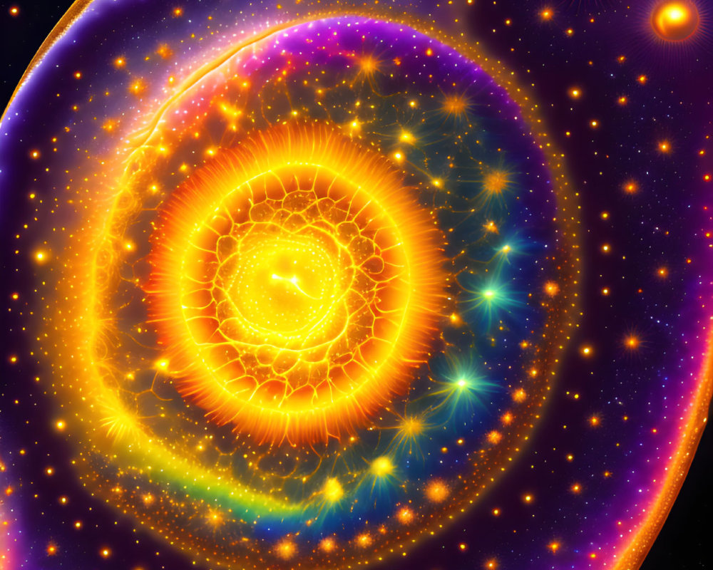 Abstract Cosmic Illustration with Vibrant Concentric Circles & Swirling Patterns