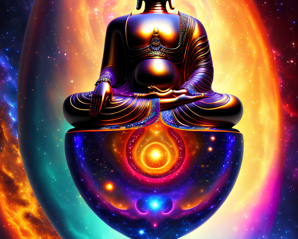 Colorful Buddha Statue Meditation Scene with Cosmic Background