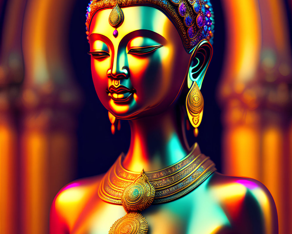 Colorful Figure with Traditional Adornments Against Ornate Backdrop