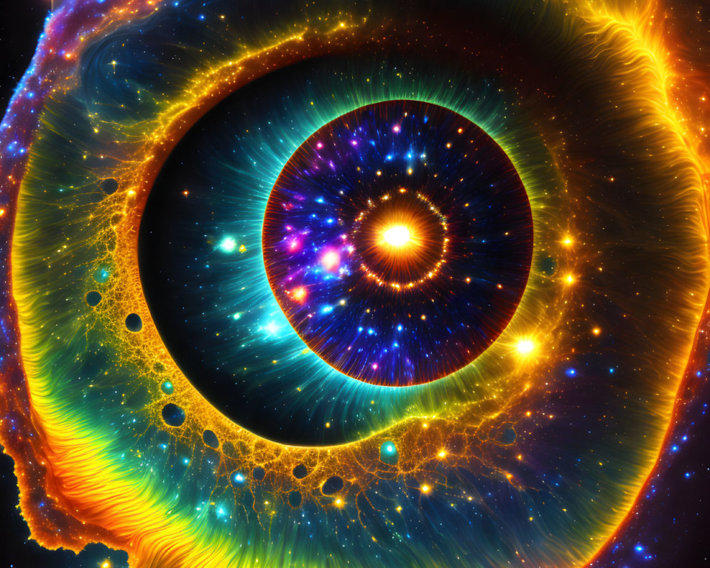 Colorful cosmic nebula eye with galaxy pupil on black space background