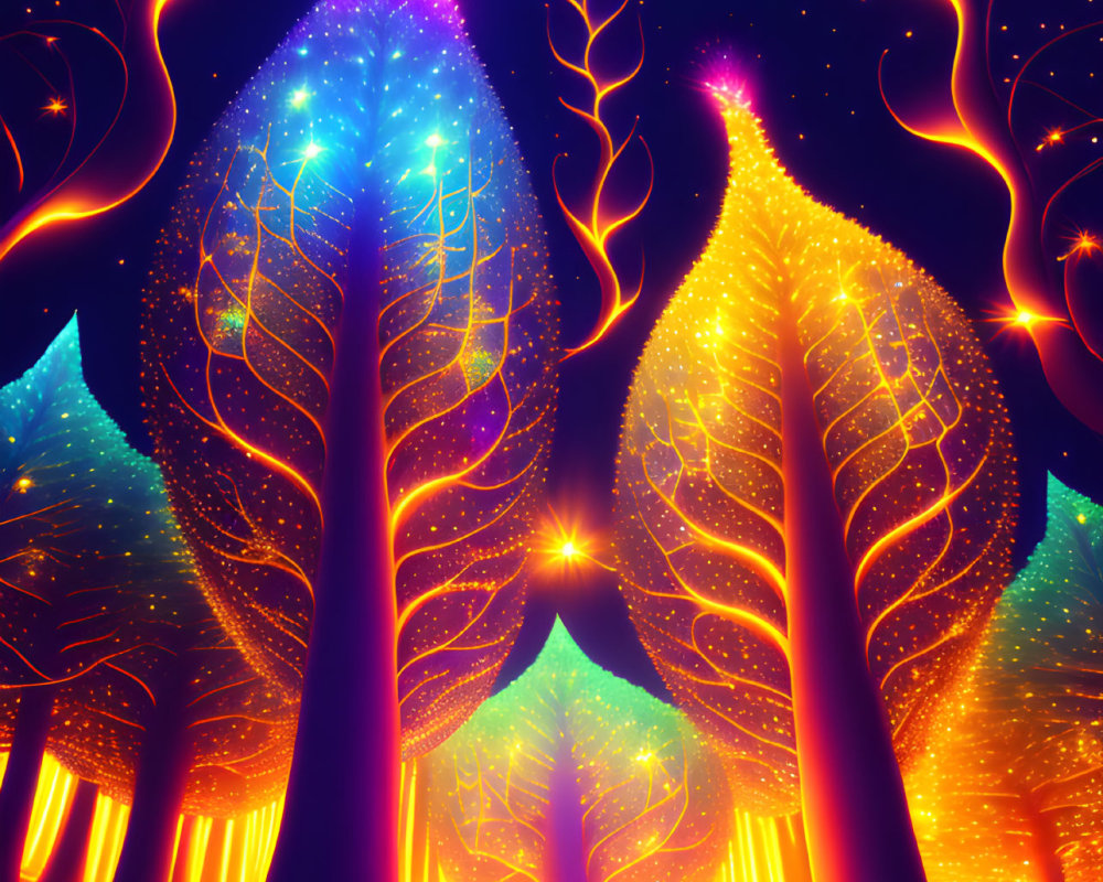 Colorful digital artwork: stylized trees with glowing blue and orange leaves on a dark starry sky