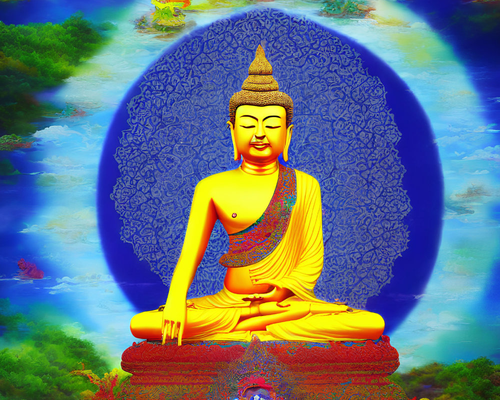 Colorful Meditation Artwork Featuring Golden Buddha and Spiritual Backgrounds