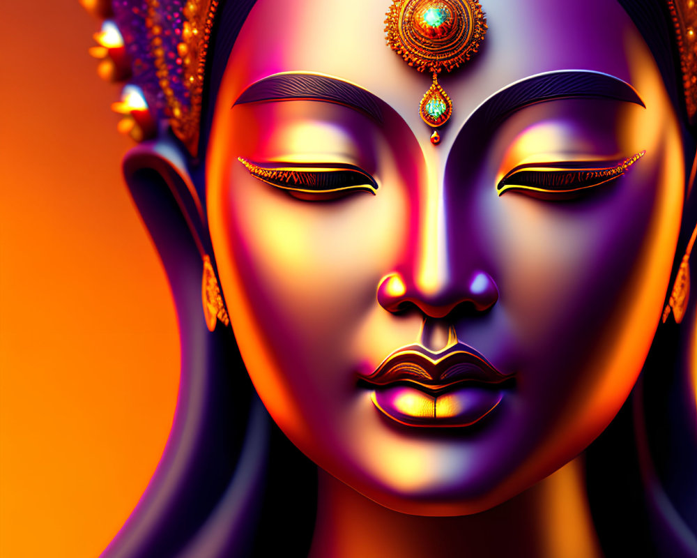 Colorful digital artwork of serene-faced deity with ornate jewelry on warm orange backdrop