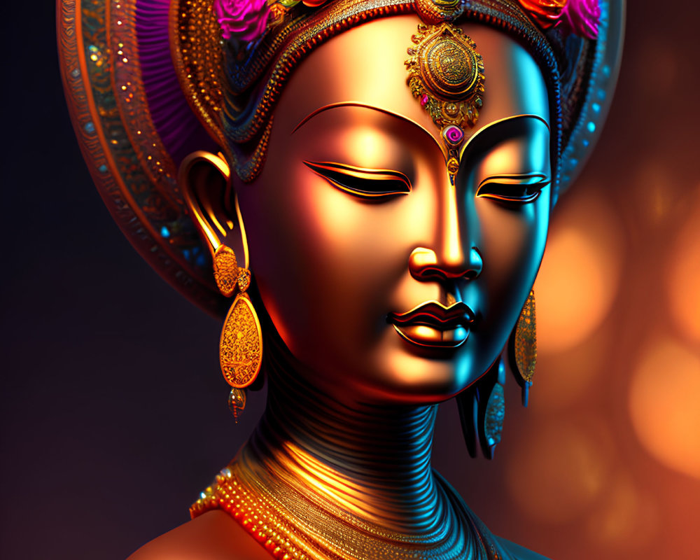 Golden female figure with elaborate headgear and jewelry in serene digital portrait.