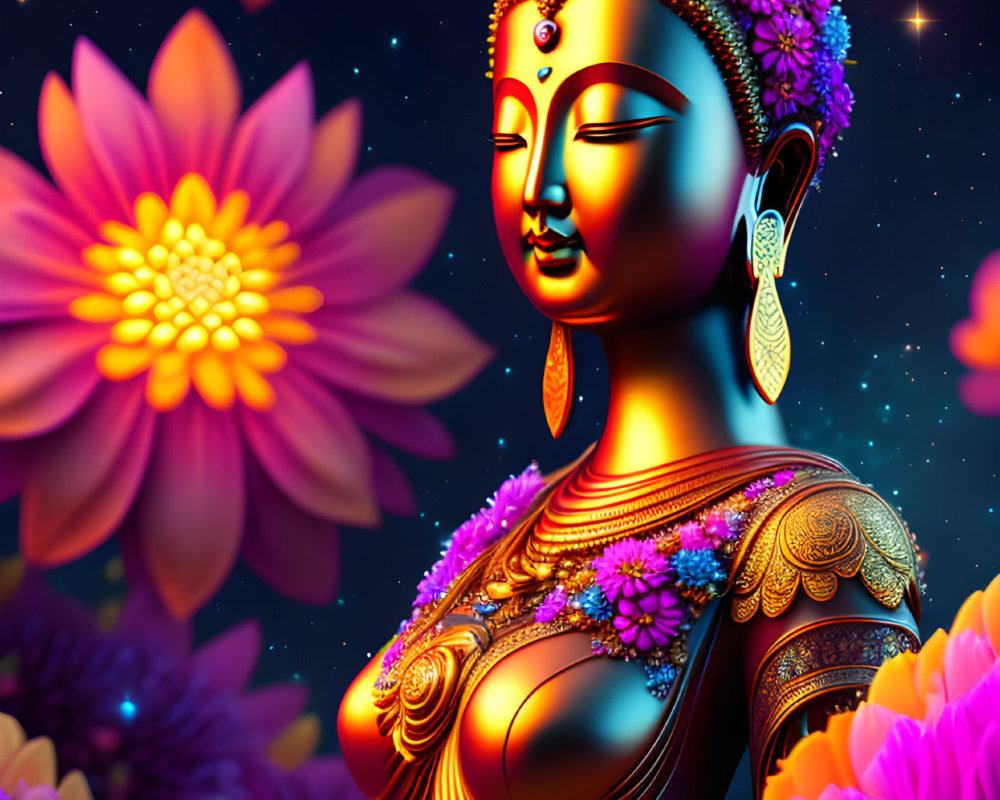 Colorful Buddha Figure with Jewels and Flowers in Cosmic Setting