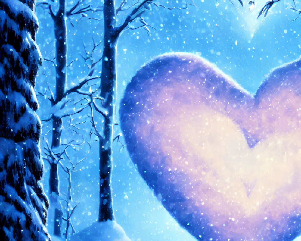 Snow-covered trees with heart-shaped opening in winter scene