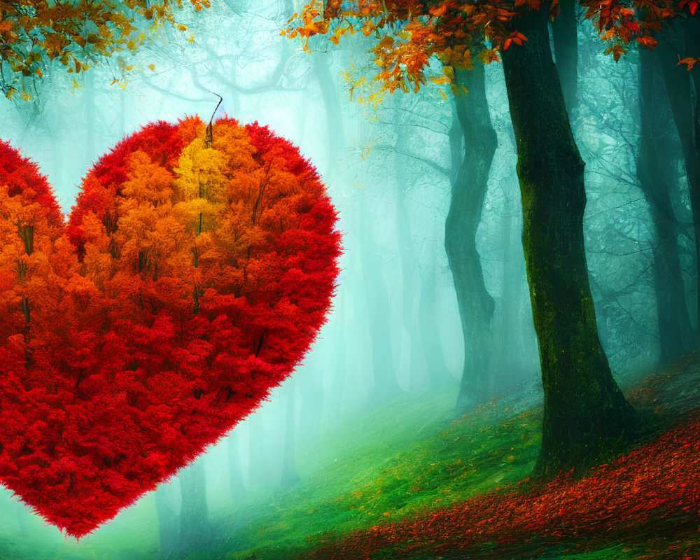 Red Autumn Leaves Heart-Shaped Arrangement in Mystical Foggy Forest