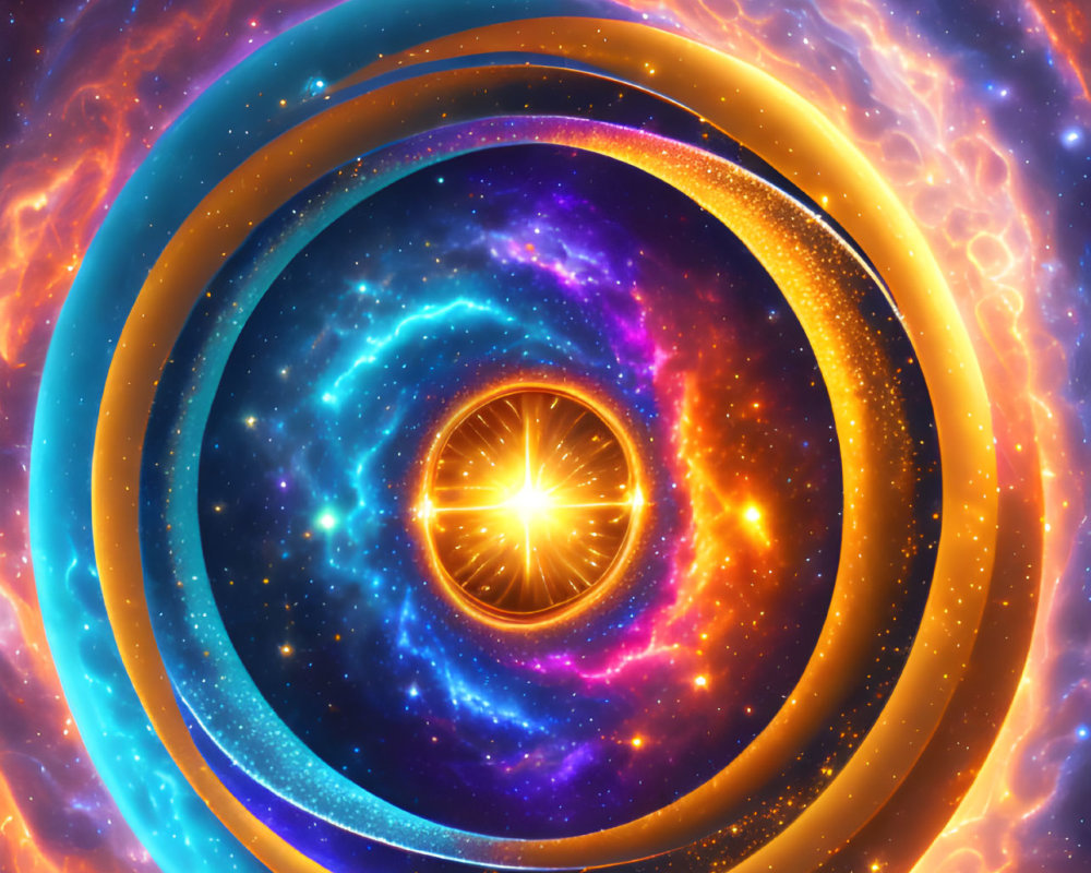 Colorful celestial digital artwork with swirling galaxies and bright stars