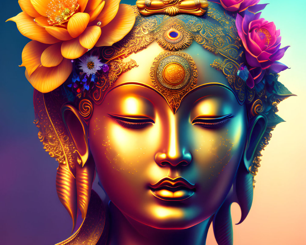 Detailed digital artwork of serene face with floral adornments, third eye, and Buddha figure on vibrant gradient