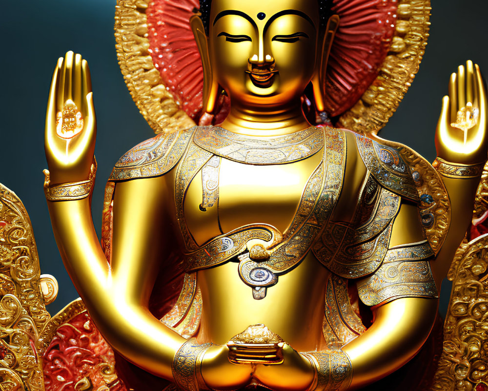 Golden Buddha Statue Seated in Lotus Position with Raised Hand