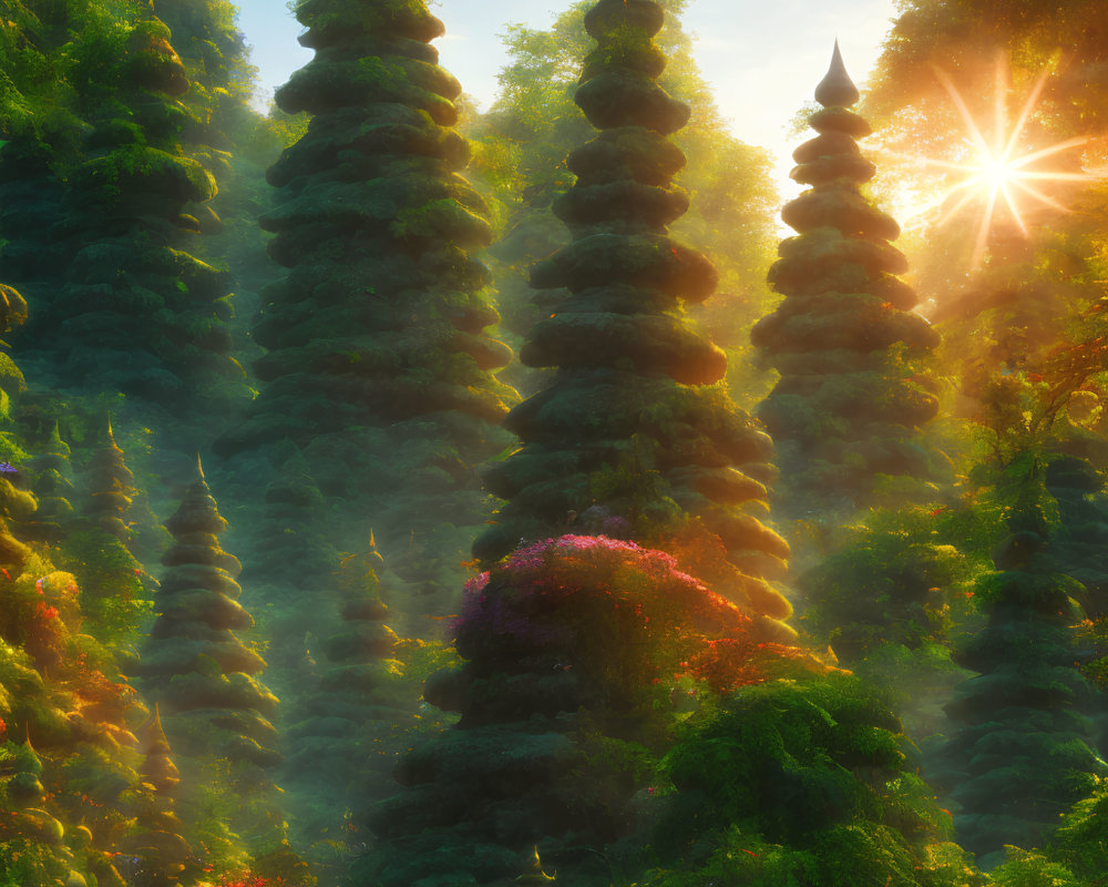 Mystical forest with towering spiral-shaped trees and colorful underbrush