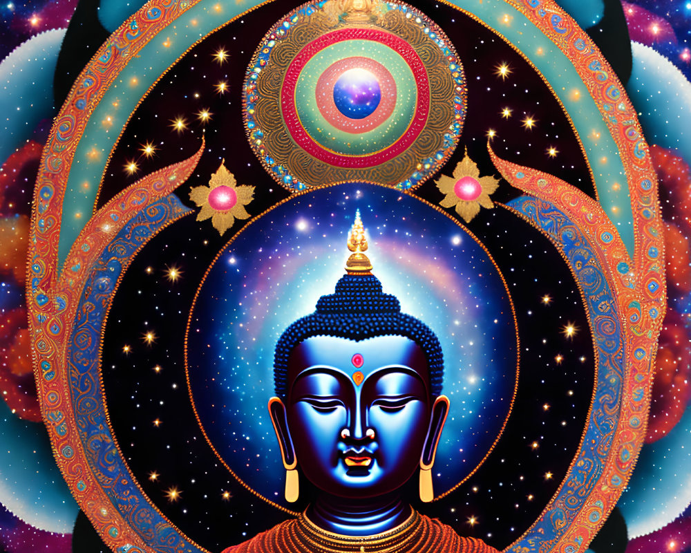 Serene blue Buddha surrounded by cosmic patterns and symbols