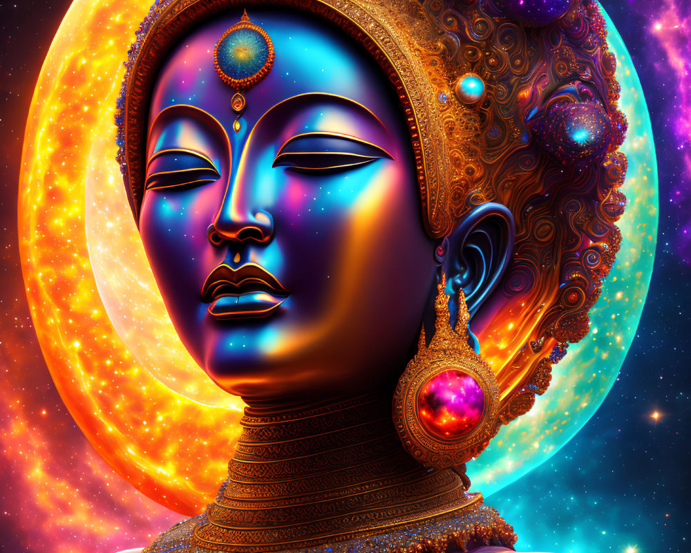 Colorful digital artwork: cosmic figure with ornate jewelry under moon and stars