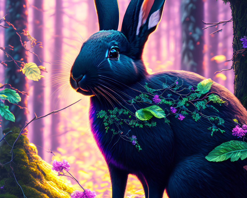 Black rabbit with plants in enchanted purple forest