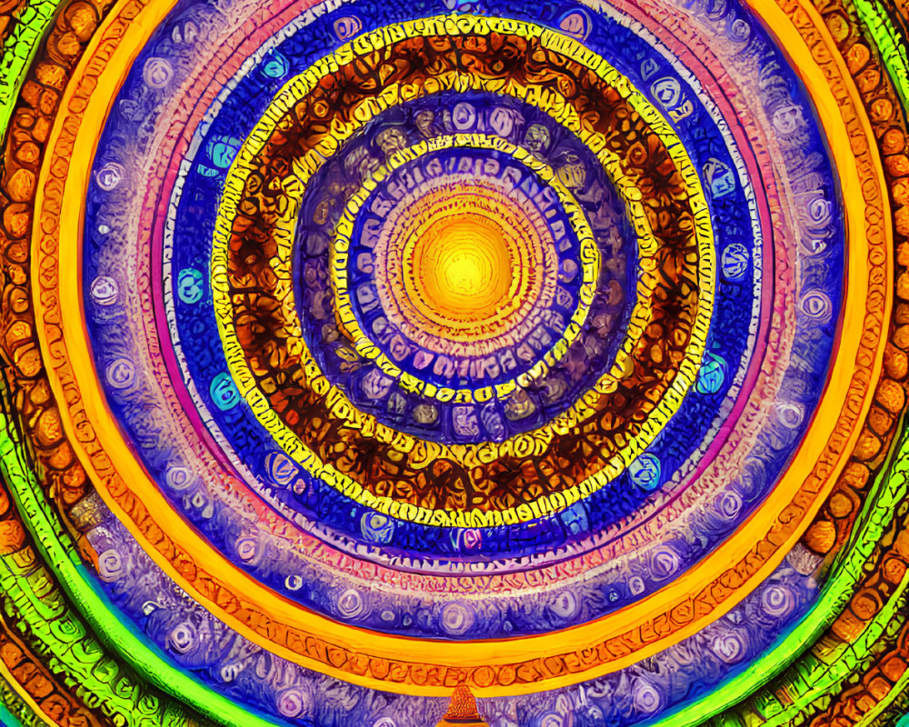 Meditating person surrounded by colorful concentric circles