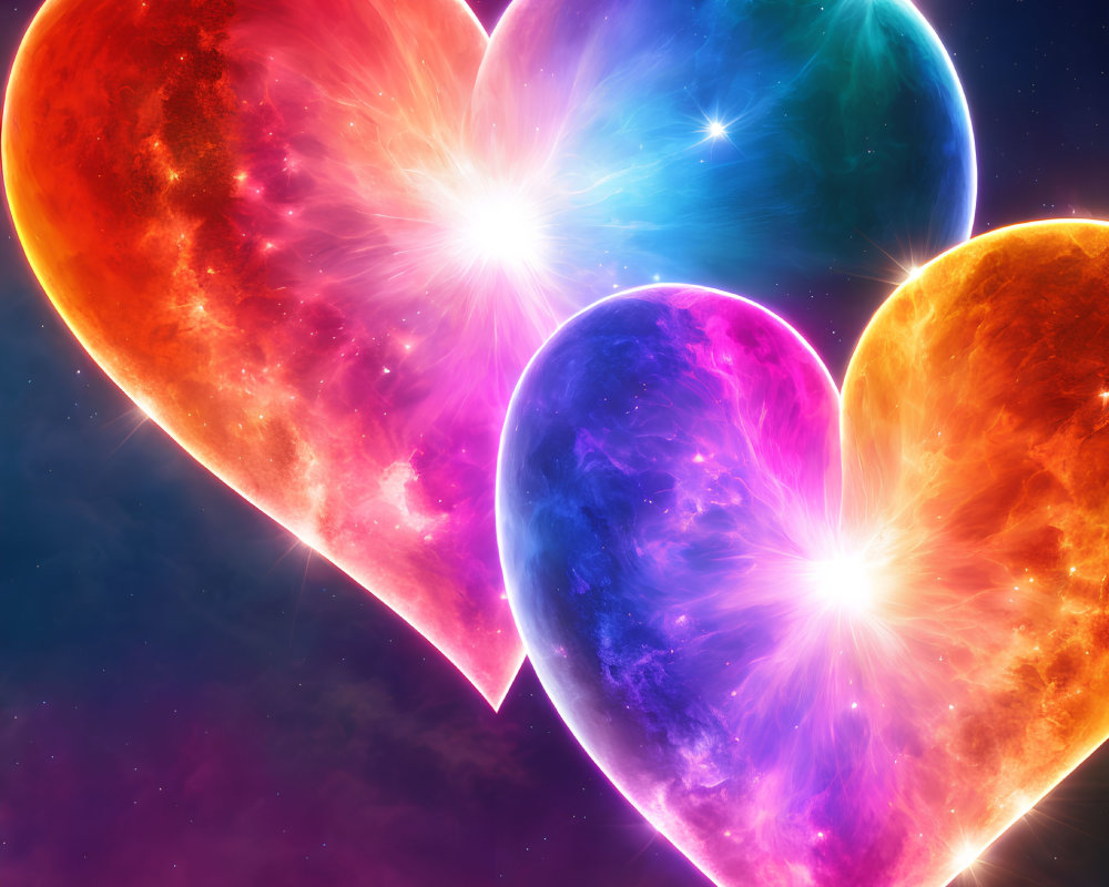 Neon-colored cosmic hearts in starry space