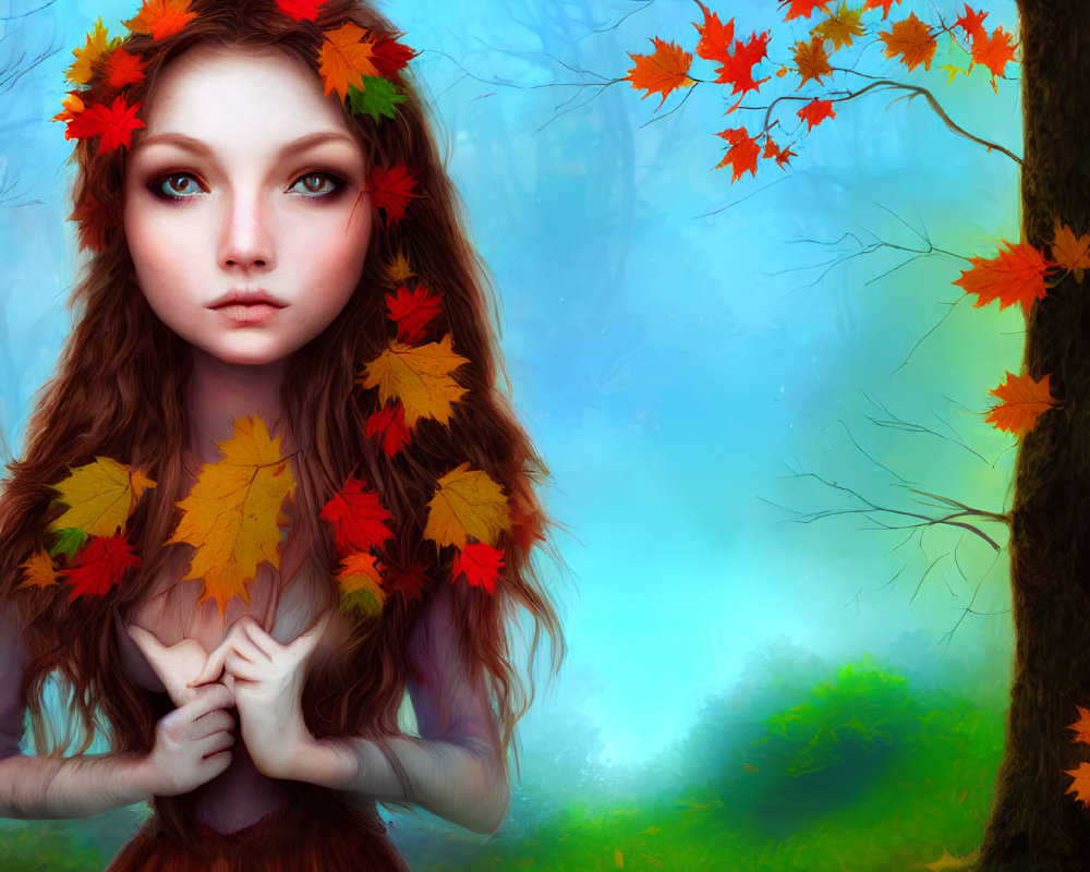 Digital Art: Young Woman with Autumn Leaves in Mystical Forest