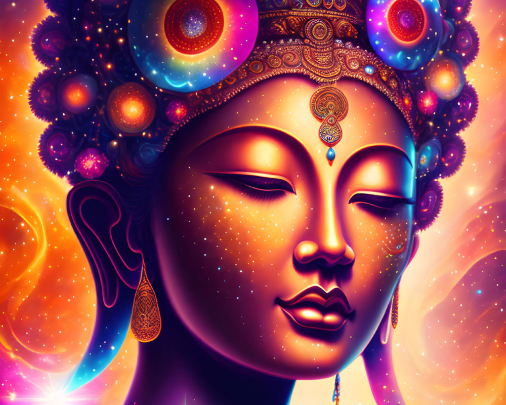 Colorful cosmic-themed illustration of serene face with ornate headdress and jewelry against starry background