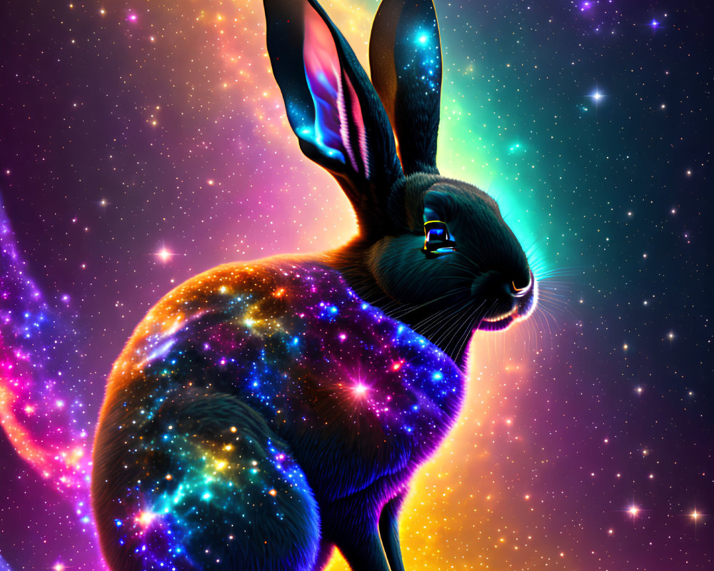 Cosmic-themed rabbit with galaxy body on vibrant space background