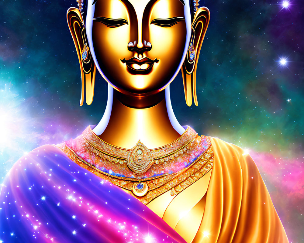 Serene Buddha statue with cosmic background