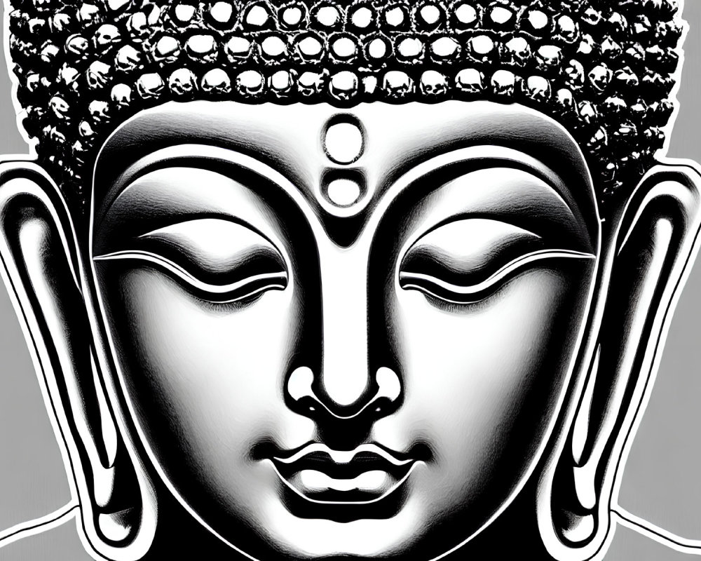 Monochrome artistic depiction of Buddha's serene face with closed eyes and intricate headpiece