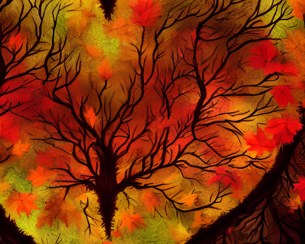 Colorful Autumn Tree Artwork with Heart-shaped Branches on Dark Background