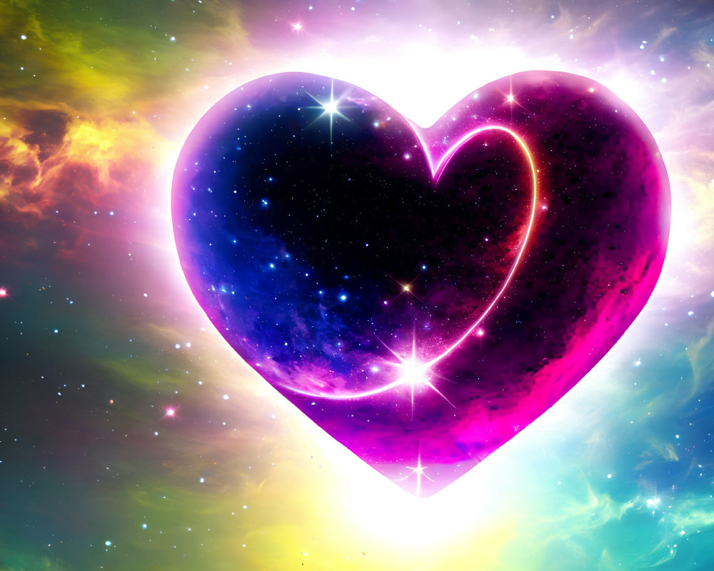 Colorful Heart-shaped Nebula with Pink, Blue, and Yellow Hues