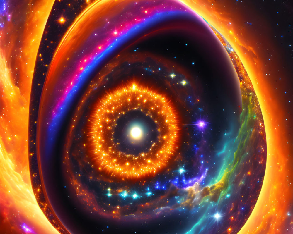 Colorful digital artwork of swirling galaxy and stars in cosmic scene.